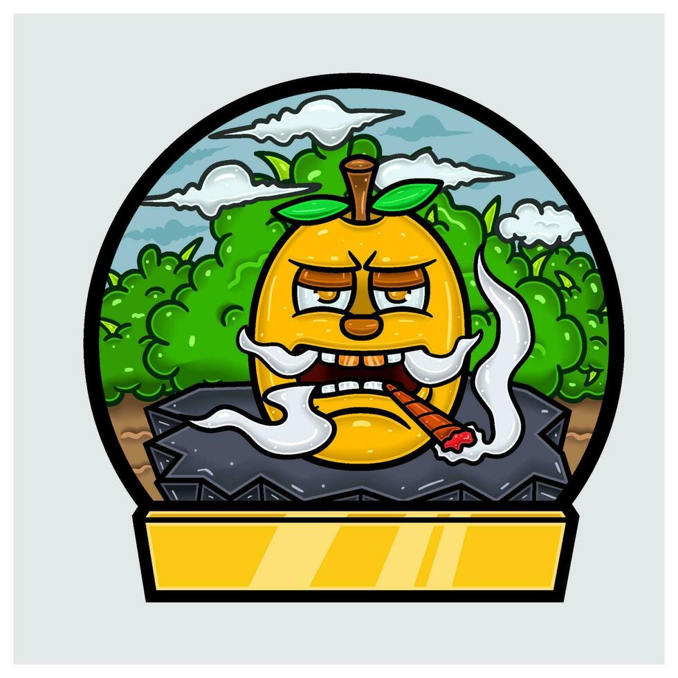 tekenfilm mascotte van mango karakter Doen roken in oerwoud. blanco teken en cirkel logo. vector