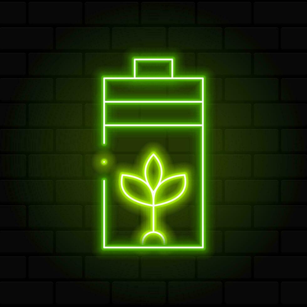 gloeiend neon lijn eco natuur blad en accu icoon. gloeiend neon accu icoon. accu opladen macht teken. elektriciteit symbool. gloeiend neon. vector illustratie