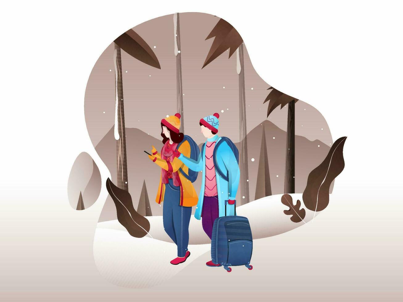 toerist Mens bespreken naar vrouw met bagage zak Aan winter landschap achtergrond. kan worden gebruikt net zo groet kaart ontwerp. vector