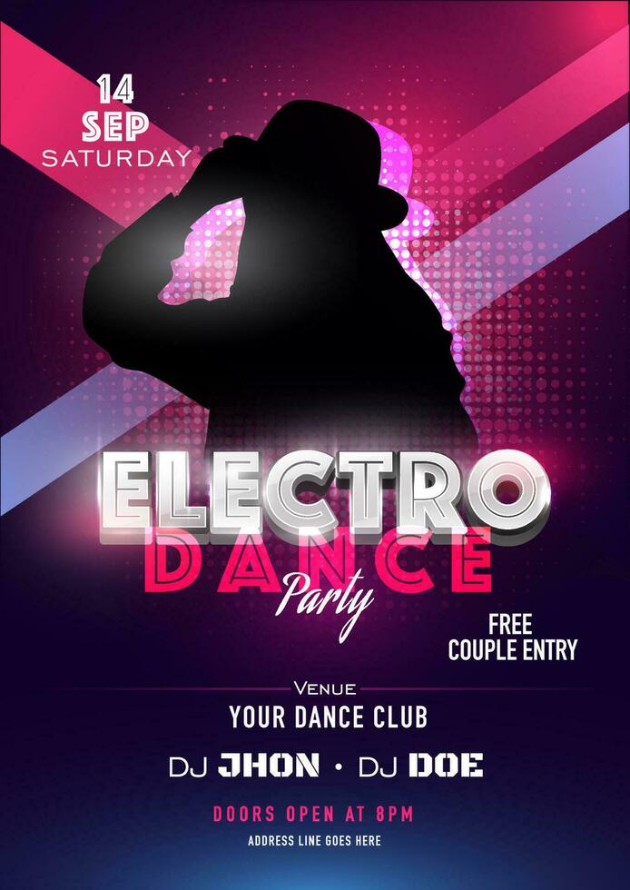 elektro dans partij uitnodiging, folder ontwerp met silhouet vrouw en evenement details Aan blauw en Purper halftone effect achtergrond. vector