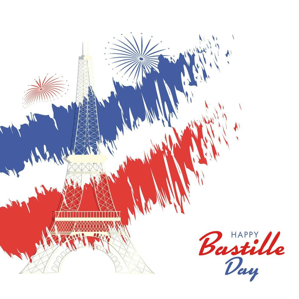 lijn kunst eiffel toren monument met vuurwerk, rood en blauw verf borstel effect Aan wit achtergrond voor gelukkig Bastille dag. vector
