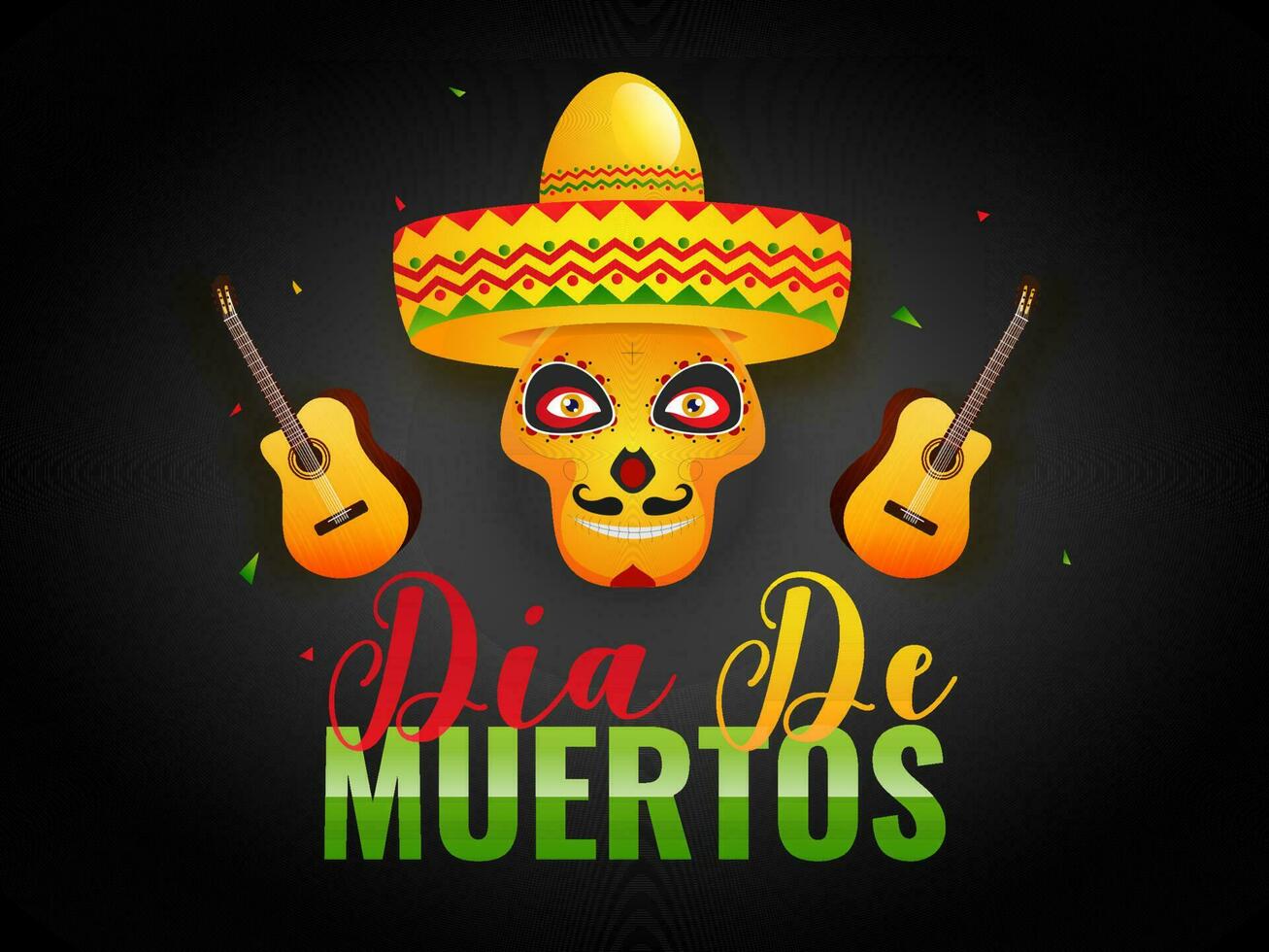 kleurrijk tekst van dia de Muertos met schedel of calavera vervelend sombrero hoed en gitaar illustratie Aan zwart achtergrond. vector