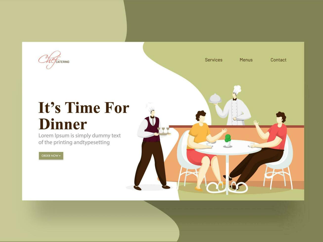 zijn tijd voor avondeten landen bladzijde ontwerp met chef portie, Mens en vrouw zittend Bij een restaurant tafel. vector