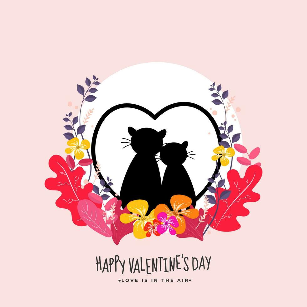 silhouet van liefhebbend tekenfilm kat paar Aan natuur visie roze achtergrond voor gelukkig Valentijnsdag dag, liefde is in de lucht. vector