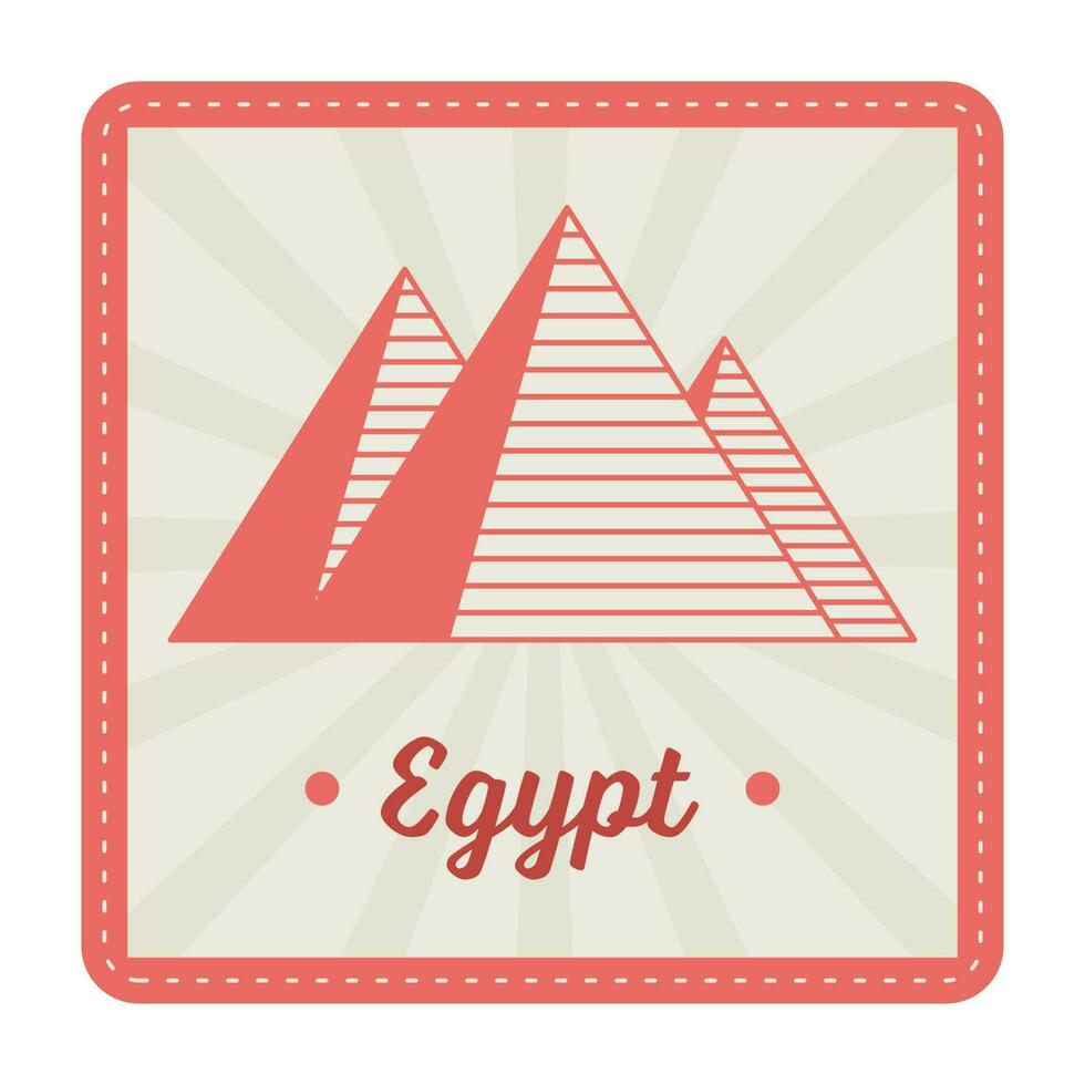 Egypte postzegel of sticker ontwerp met piramide tegen stralen achtergrond in oranje en grijs kleur. vector