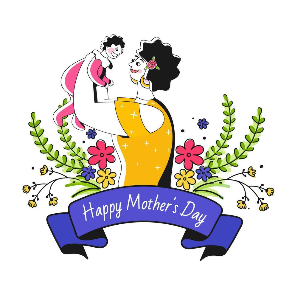 illustratie van vrouw spelen haar baby met bloemen en bladeren Aan wit achtergrond voor gelukkig vrouwen dag viering. vector