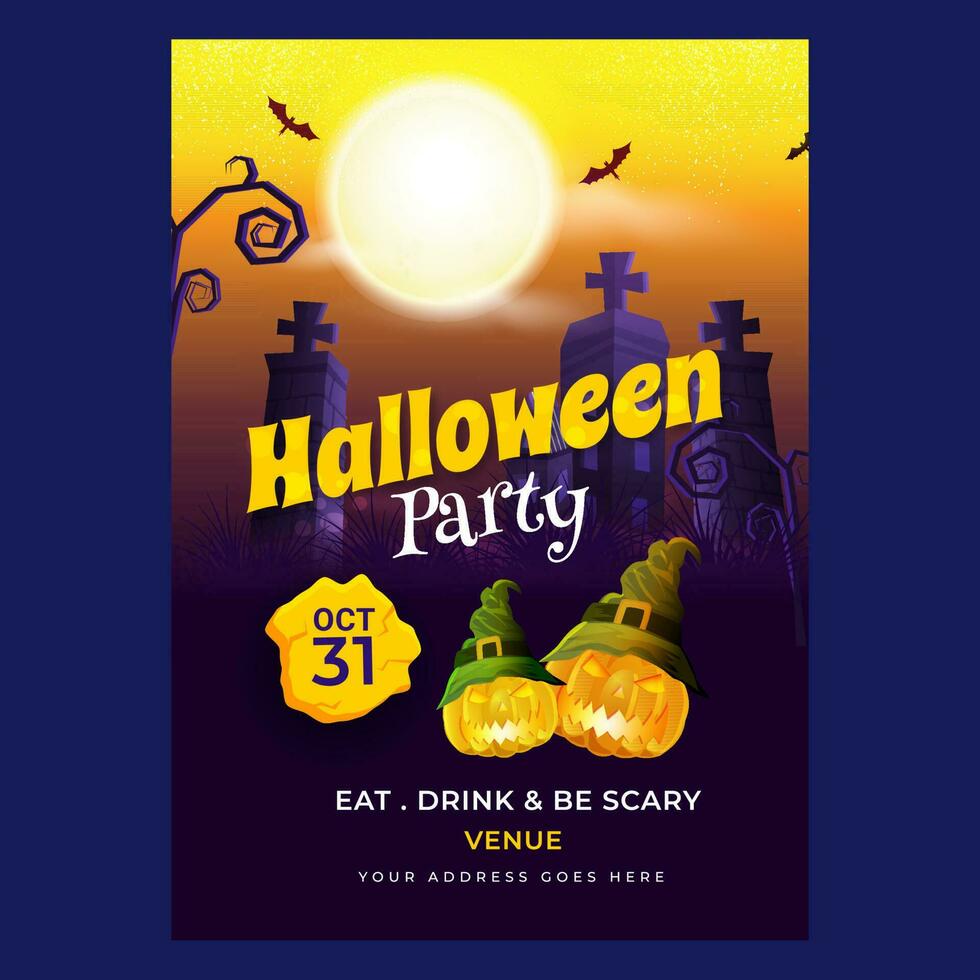halloween partij uitnodiging kaart ontwerp met eng pompoen vervelend heks hoed en achtervolgd huis Aan vol maan achtergrond. vector