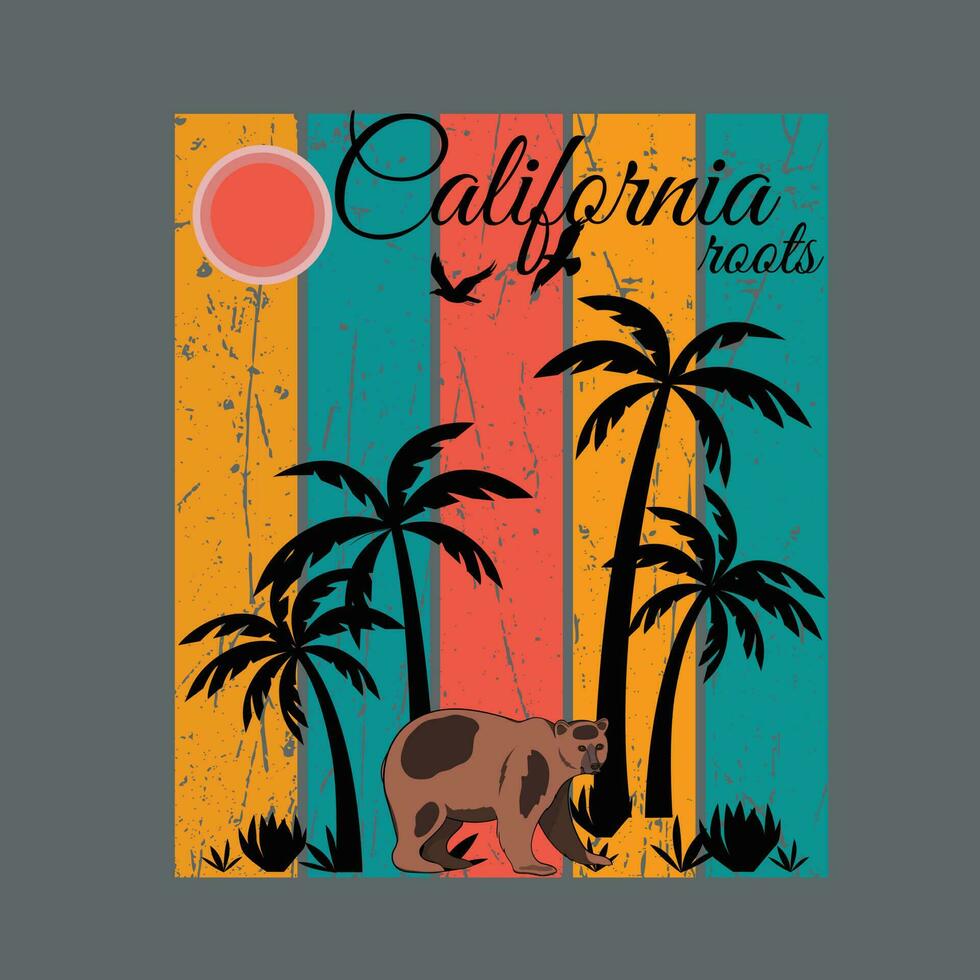 zomer retro wijnoogst en zwart typografie t-shirt ontwerp, zon boom beer gebruik tee, beker, mok, tas, kussens, enz. vector