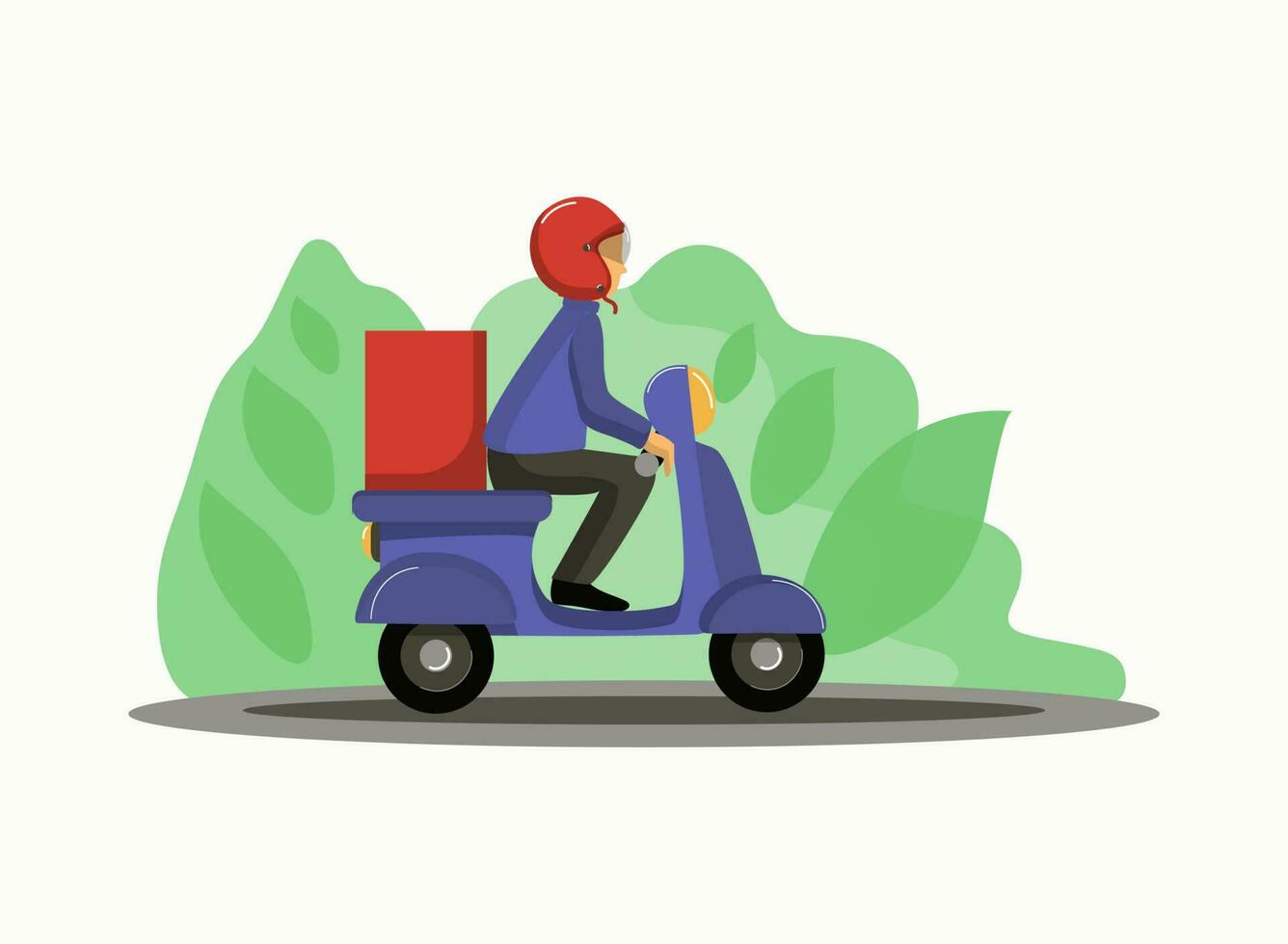 een Mens in een helm ritten een motor scooter. levering van voedsel, goederen. pizza levering jongen ritten een scooter, vector illustratie.