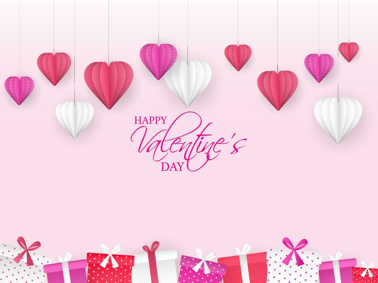 gelukkig Valentijnsdag dag viering concept met hangende papier besnoeiing harten en geschenk dozen versierd Aan roze achtergrond. vector