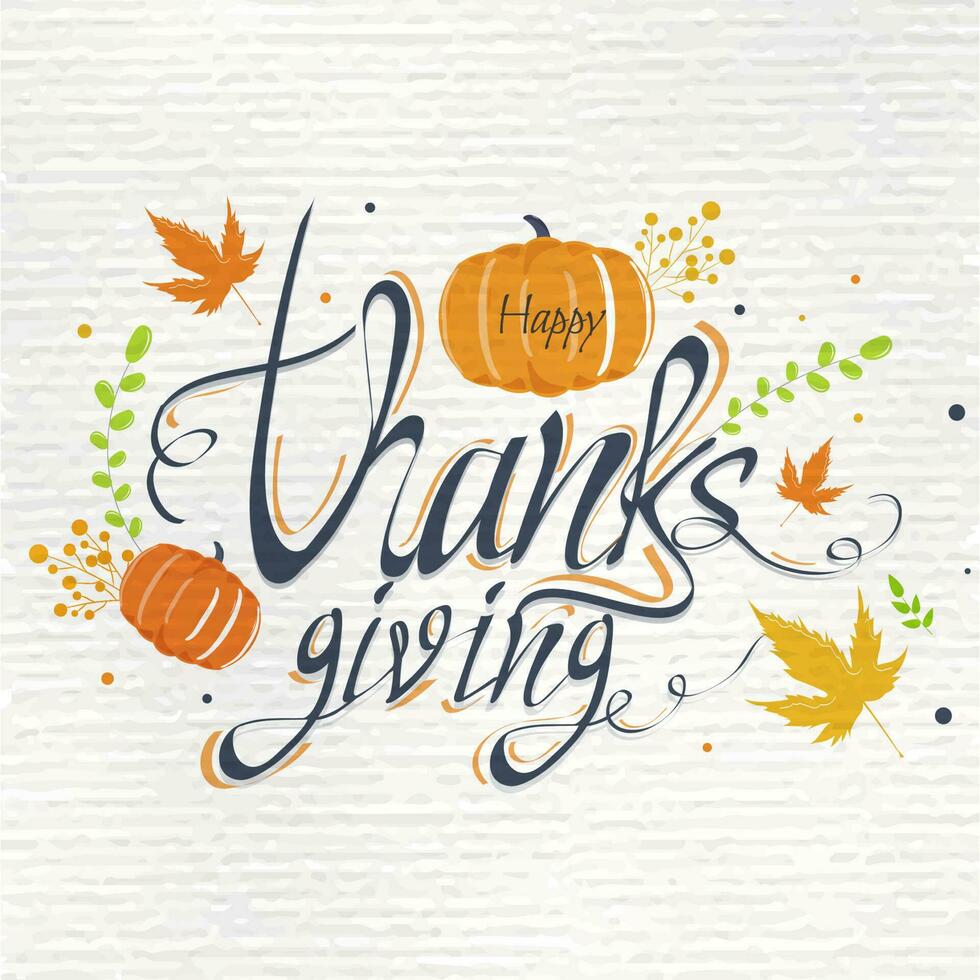 schoonschrift tekst gelukkig dankzegging met pompoen en herfst bladeren versierd Aan wit papier structuur achtergrond. vector