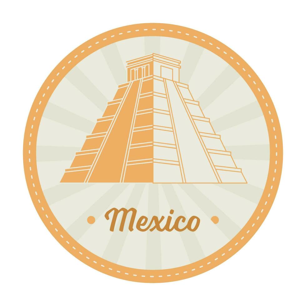 oranje en grijs mayan tempel met stralen in cirkel achtergrond voor Mexico reizen postzegel of label, sticker ontwerp. vector
