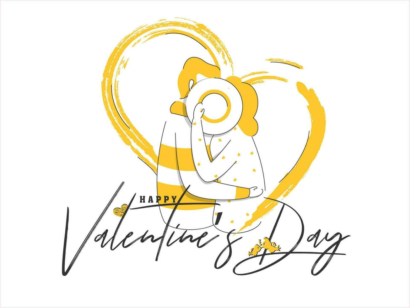 creatief romantisch paar Holding hoed in hart vorm gemaakt door geel borstel voor gelukkig Valentijnsdag dag. vector