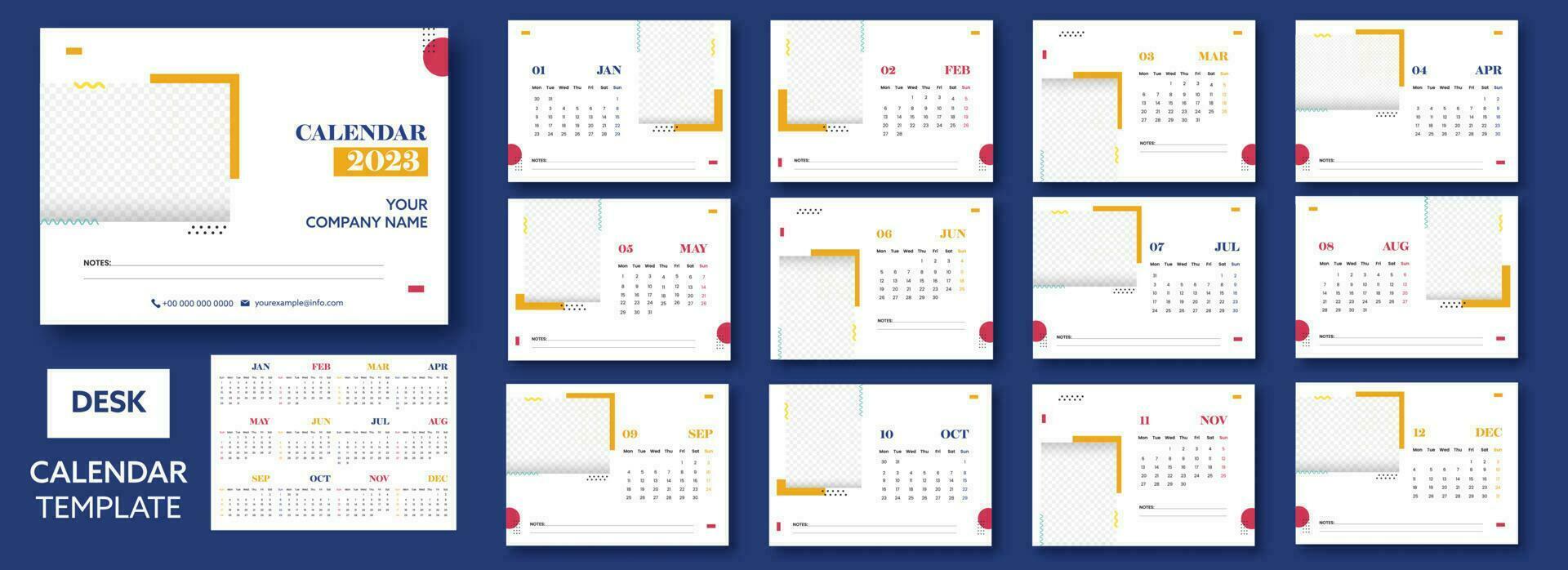 2 formaten compleet reeks van 12 maand, 2023 bureau kalender sjabloon met ruimte voor beeld of tekst in wit kleur. vector