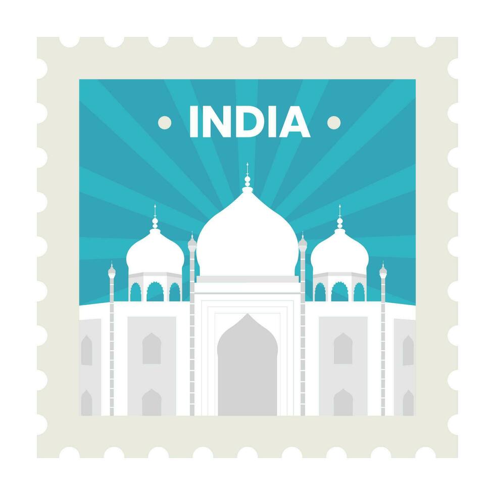 Indië reizen postzegel of ticket ontwerp met taj mahal tegen blauw stralen achtergrond. vector