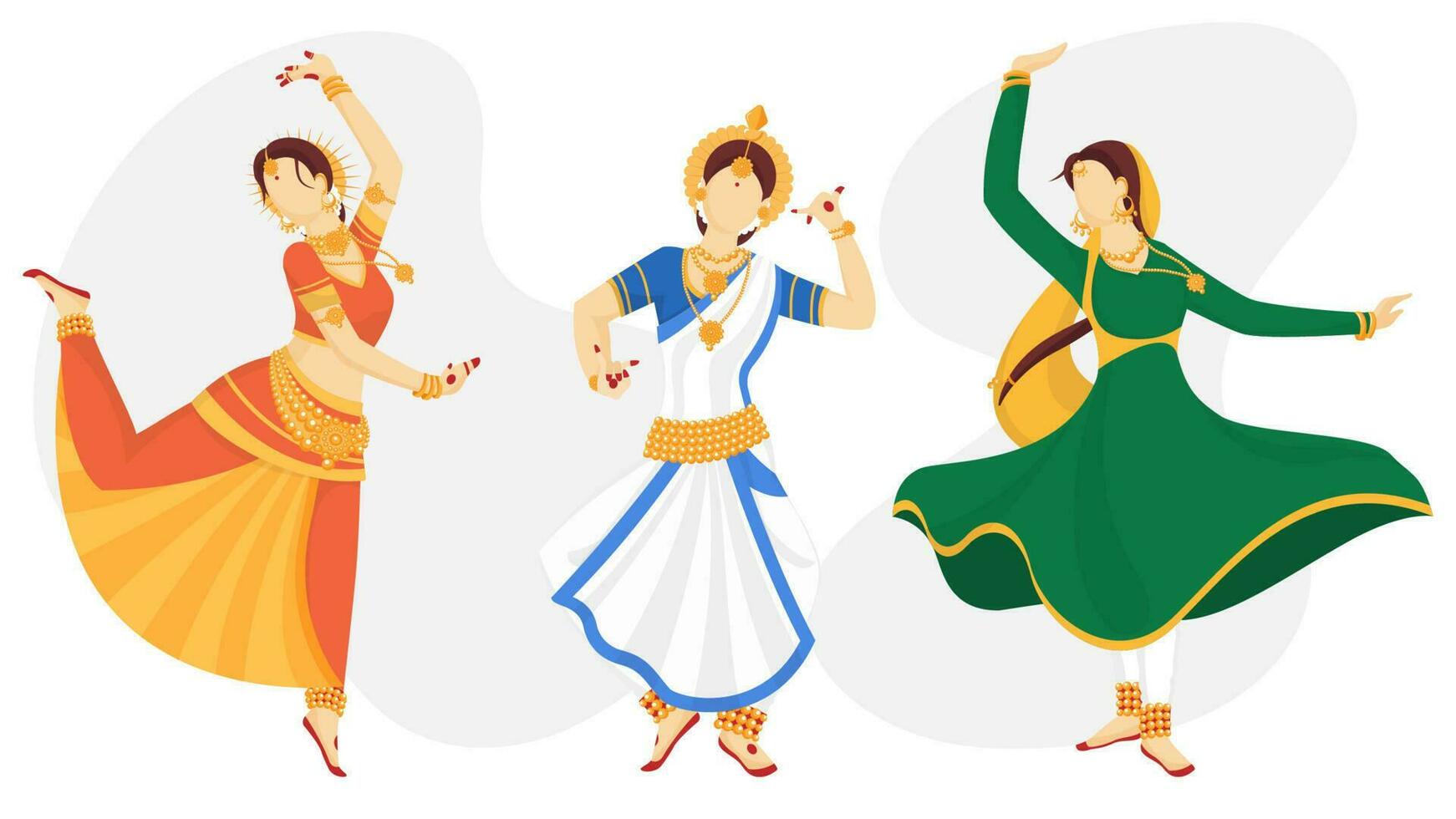 karakter van Indisch gezichtsloos Dames in traditioneel dansen houding voor onafhankelijkheid dag viering. vector