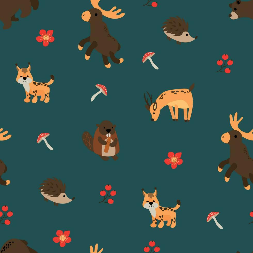 naadloos patroon met Woud dieren. eland, hert, ree hert, egel, bever, lynx. ontwerp voor kleding stof, textiel, behang, verpakking. vector
