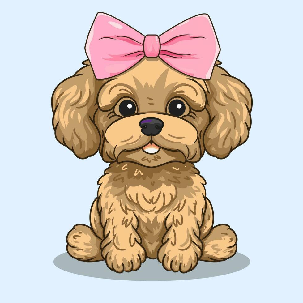 schattig bruin Maltipoo Maltees poedel zittend met roze boog vector