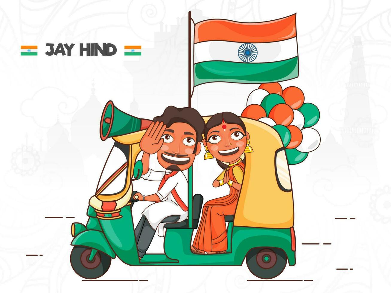 Mens rijden auto taxi met vrouw groet gebaar, golvend Indisch vlag en ballonnen Aan Indië beroemd monumenten achtergrond. vector
