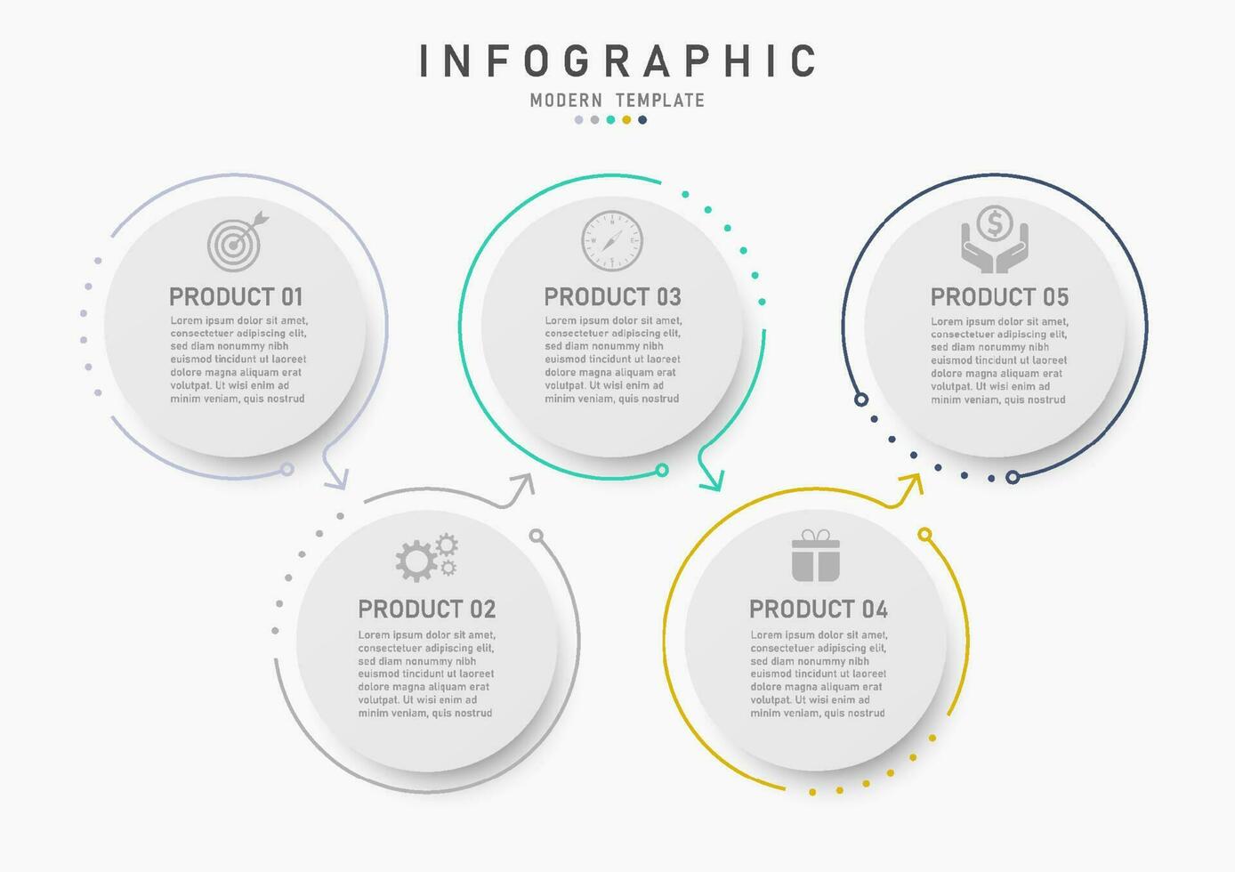 modern bedrijf infographic sjabloon Product 5 circulaire gemakkelijk schoon lijn schets multi gekleurde dots en pijl pictogrammen met typografie wit achtergrond vector