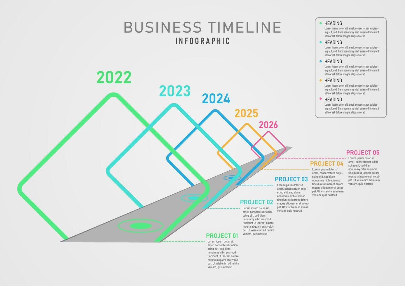 bedrijf planning gemakkelijk infographic sjabloon 5 jaren tijdlijn multi gekleurde driehoek schets Aan grijs weg met cirkel getallen Aan top grijs helling achtergrond ontwerp voor marketing, Product, financiën vector