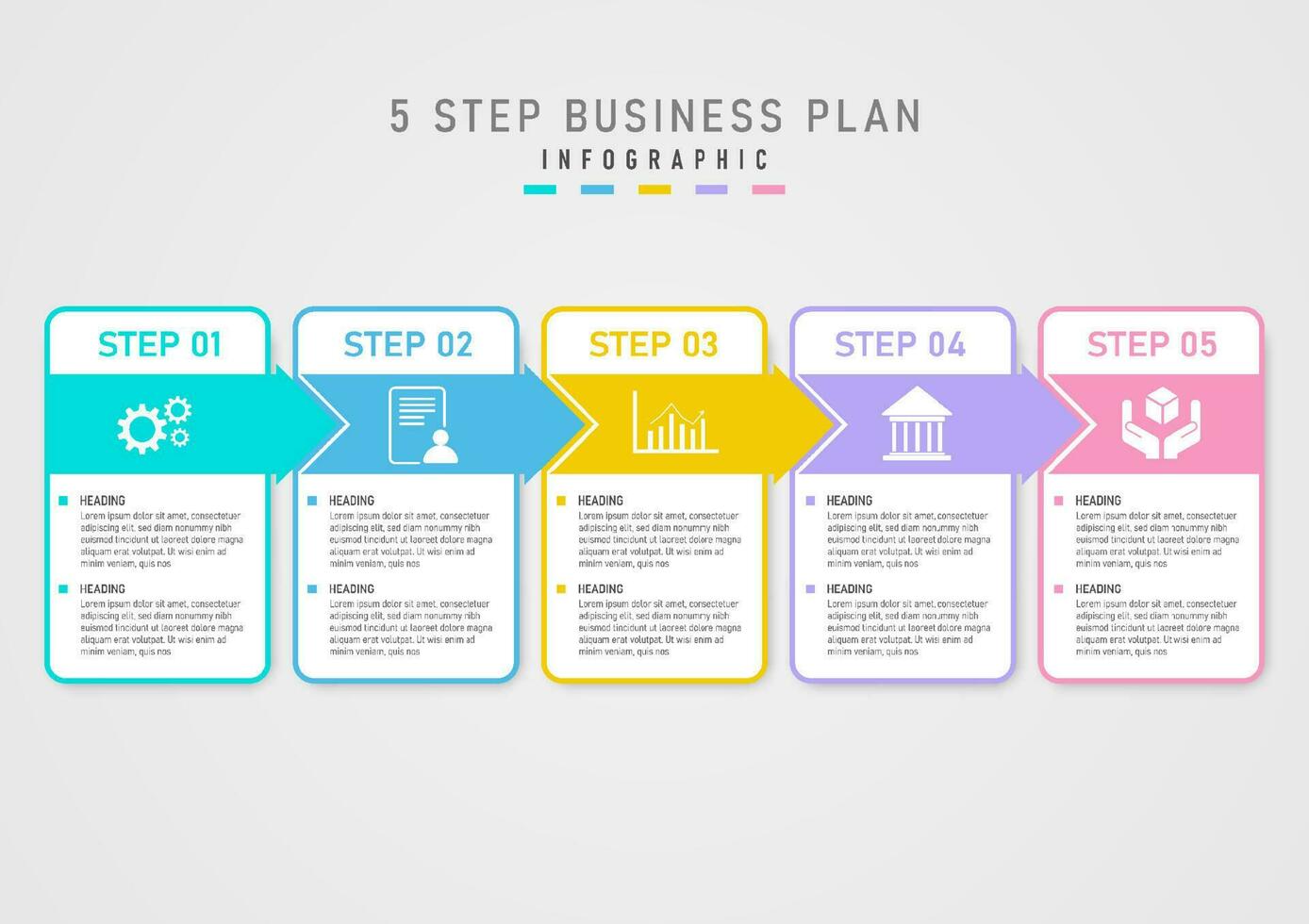 modern infographic sjabloon 5 stappen succes bedrijf plan plein wit met multi gekleurde pijlen en centrum pictogrammen grijs helling achtergrond ontwerp voor marketing, financiën, Product, project vector