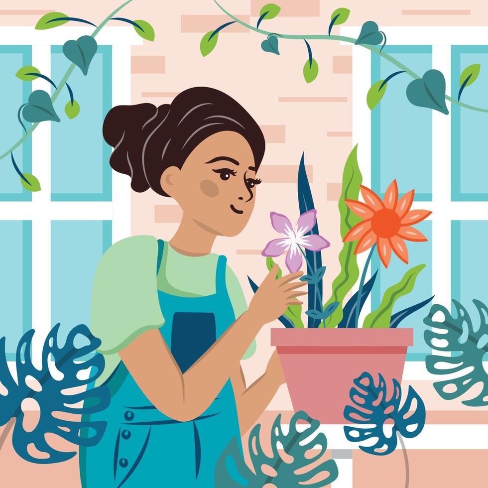 tuinieren thuis met vrouw en planten sjabloon vector