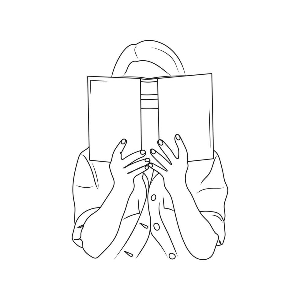 meisje Holding Open boek. vrouw lezing. lijn kunst. lezing, onderwijs concept. hand- getrokken vector illustratie.