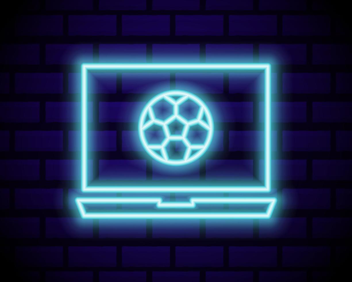 live voetbal neon teken vector. live voetbal logo neon, ontwerpsjabloon embleem, online voetbalsymbool, lichte banner, heldere nacht voetbalreclame, europees voetbalteken. vectorillustratie geïsoleerd op bakstenen muur. vector