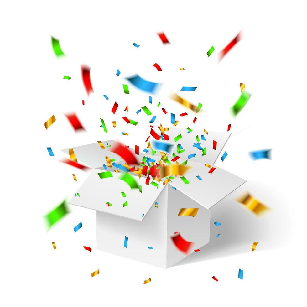 Open wit geschenk doos en confetti. Kerstmis achtergrond. vector illustratie