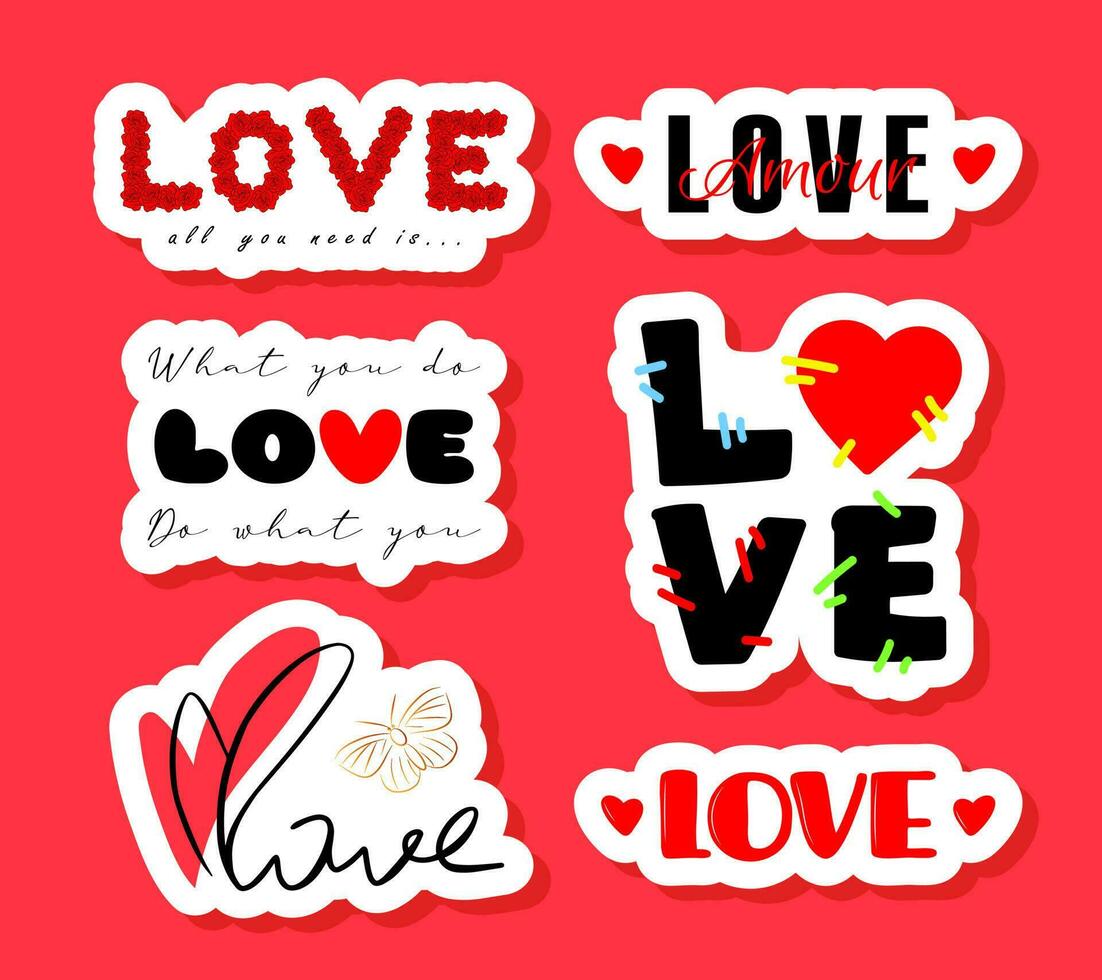 liefde woord sticker set. schattig vector notitieboekje label, Valentijnsdag dag klem kunst. romantisch citaat verzameling.