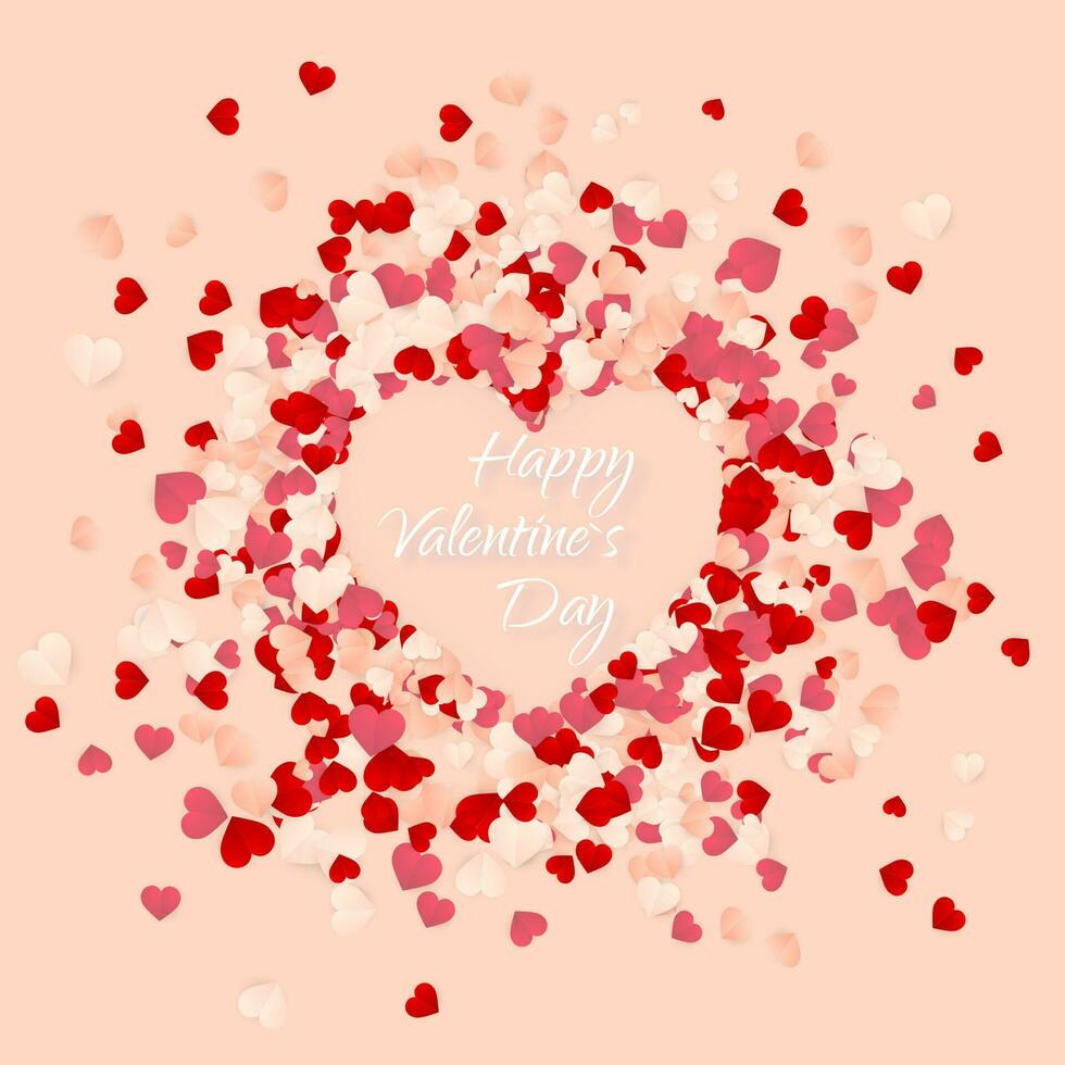 gelukkig valentijnsdag dag achtergrond, papier rood, roze en wit oranje harten confetti. vector illustratie