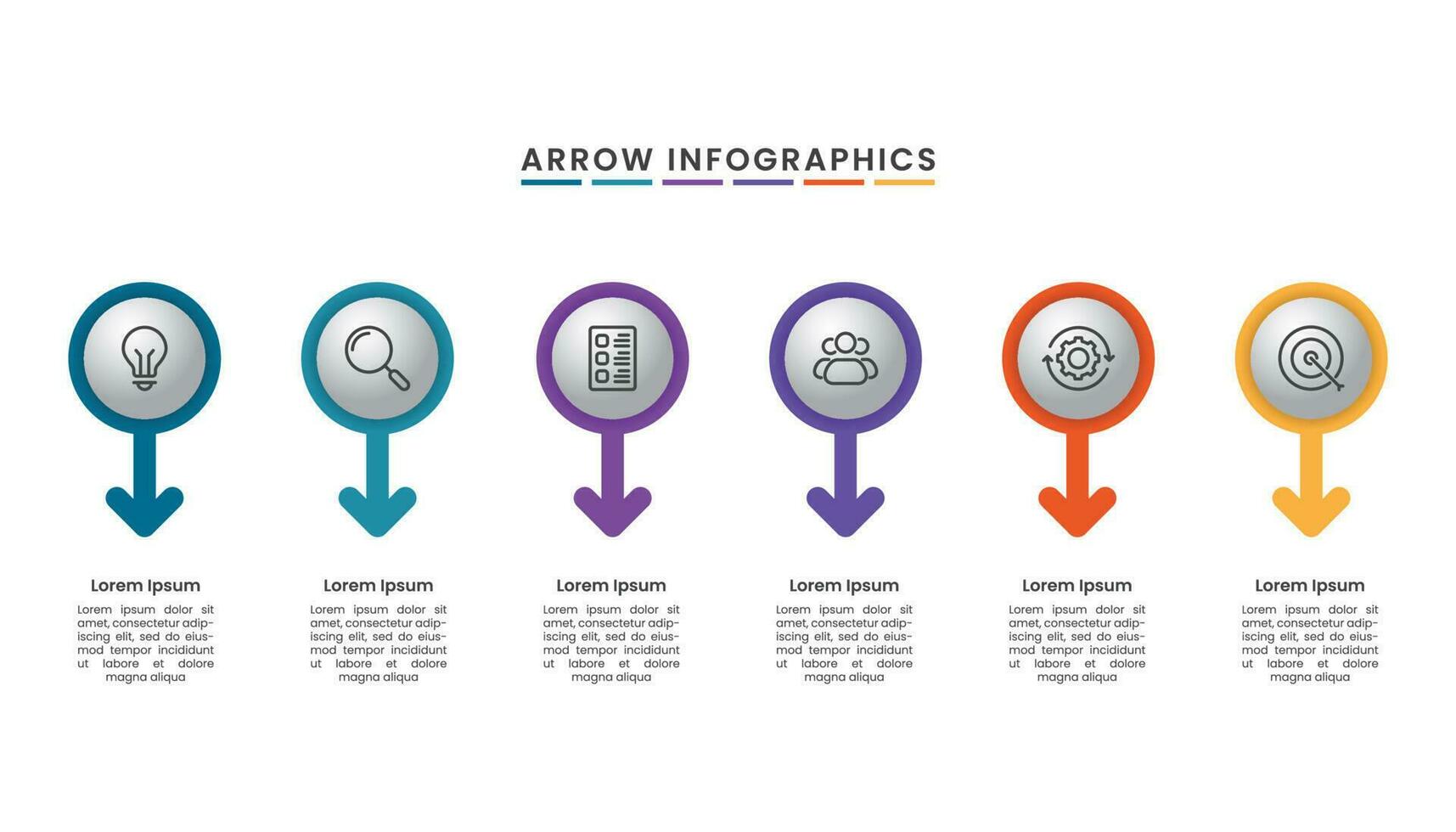 zes stappen of optie bedrijf tijdlijn werkwijze infographic sjabloon ontwerp met pijlen en pictogrammen. vector