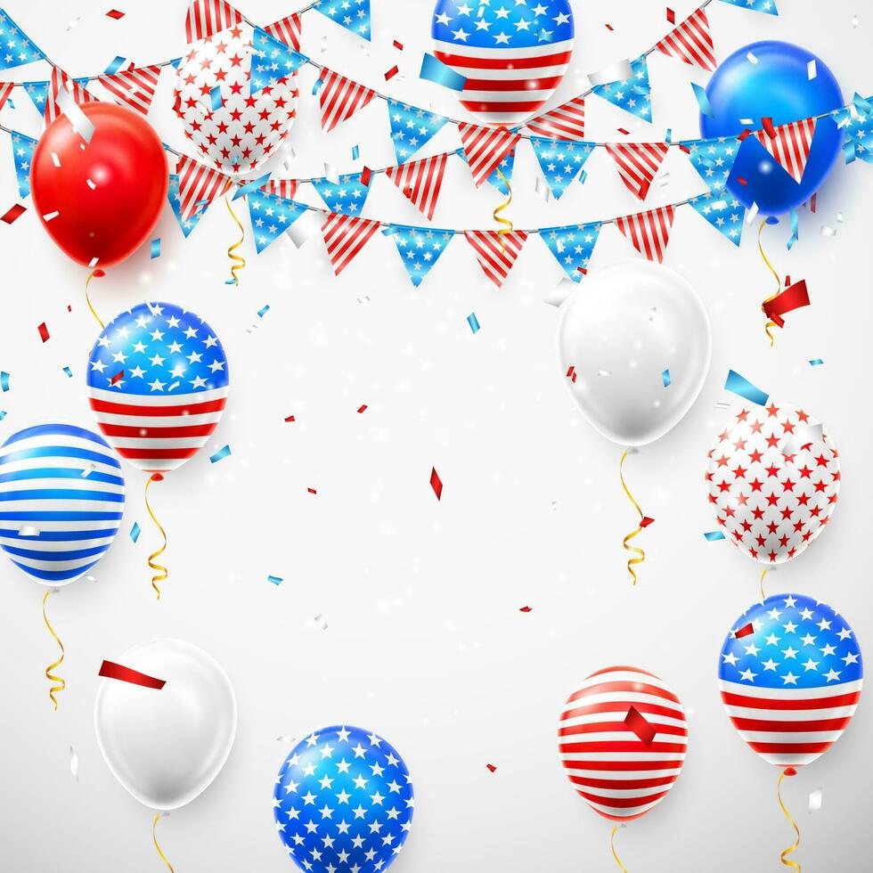 hangende vlaggedoek vlaggen voor Amerikaans vakantie kaart ontwerp. Amerikaans ballonnen en vlag slinger met confetti achtergrond. vector illustratie