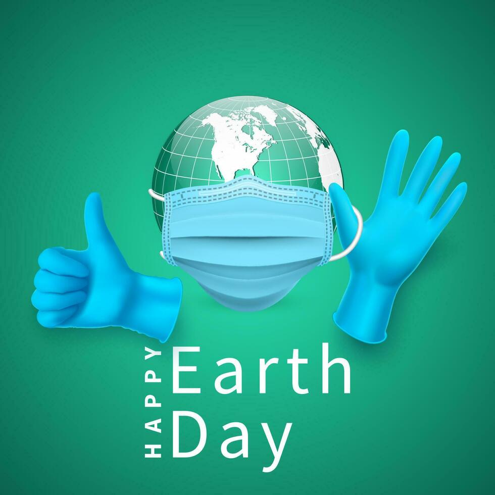 gelukkig aarde dag. aarde wereldbol in medisch gezicht masker en medisch latex handschoen. vector illustratie
