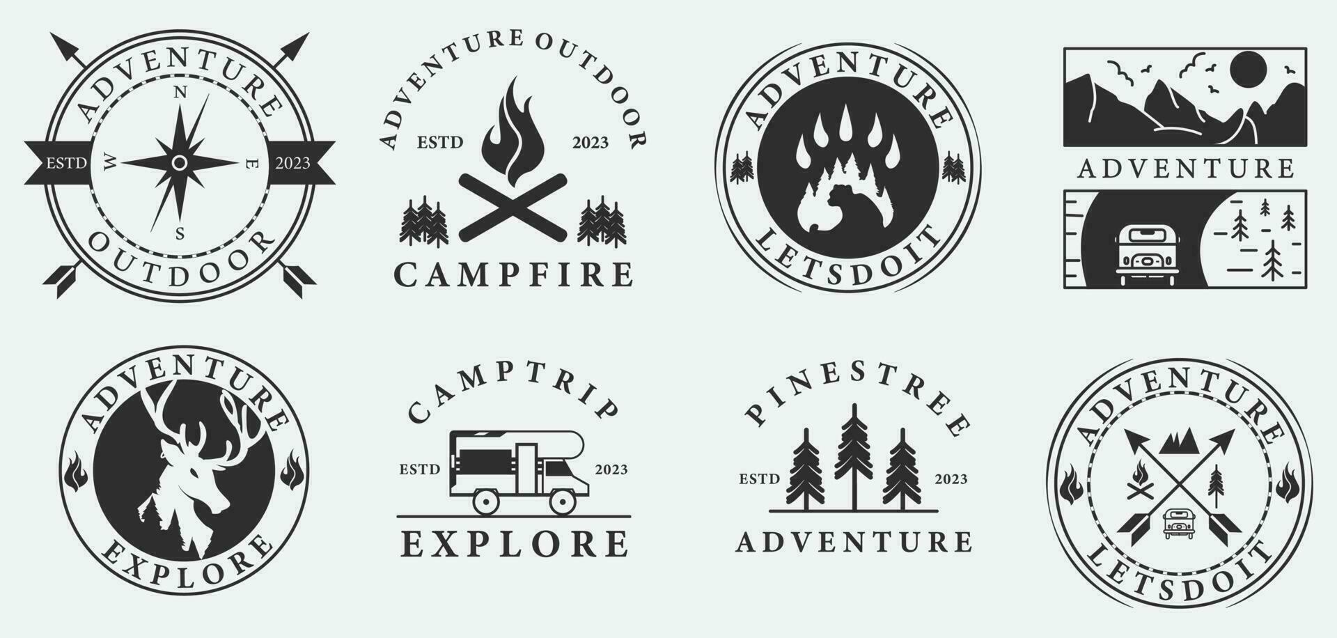 reeks van avontuur logo icoon vector ontwerp, divers bundel vakantie kampvuur berg ontwerp.