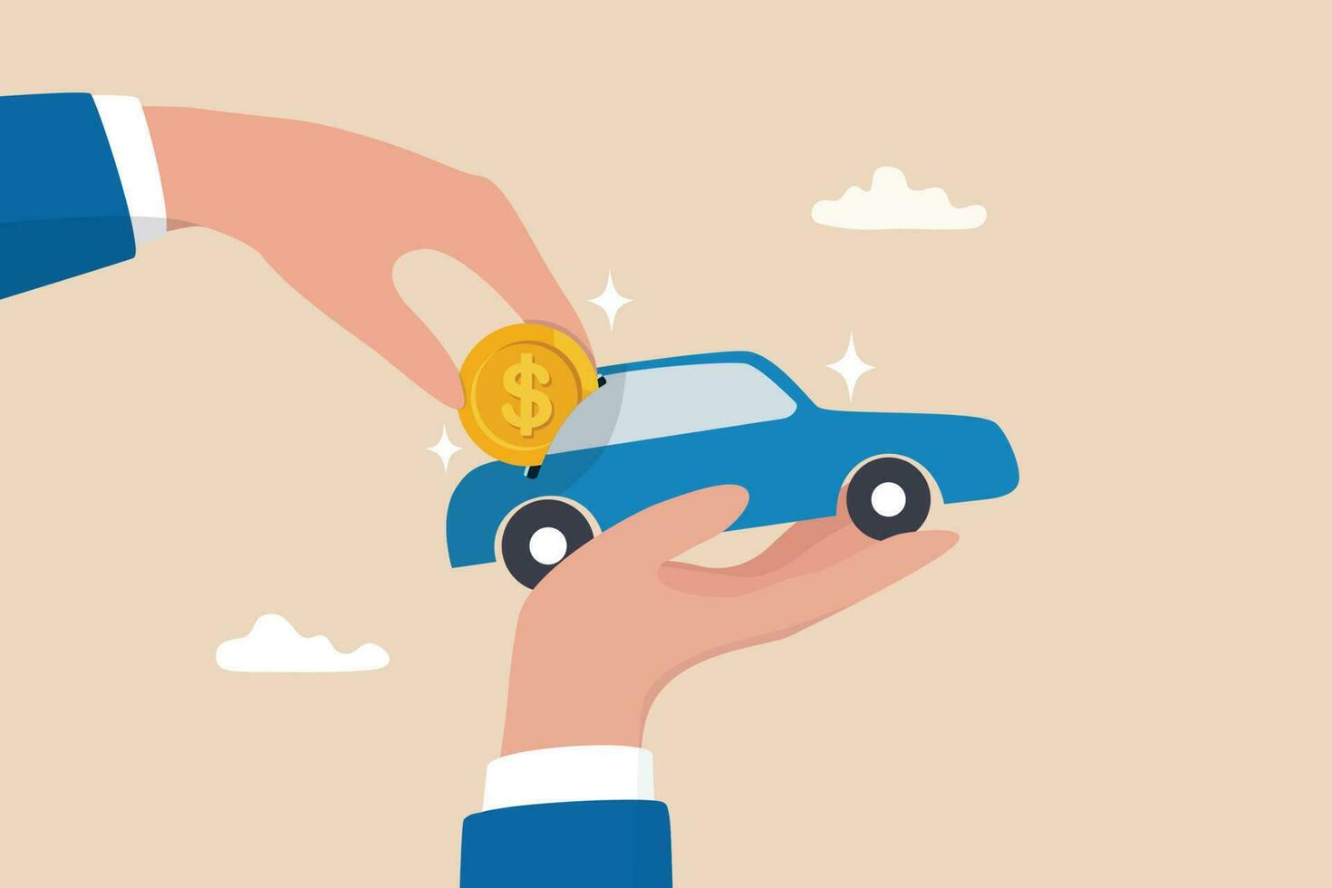 auto leasing of auto lening, lenen geld naar kopen nieuw auto, verhuur of auto onderhoud kosten, schuld, aankoop of kopen nieuw voertuig concept, zakenman hand- eigenaar zetten dollar geld munt in nieuw auto. vector