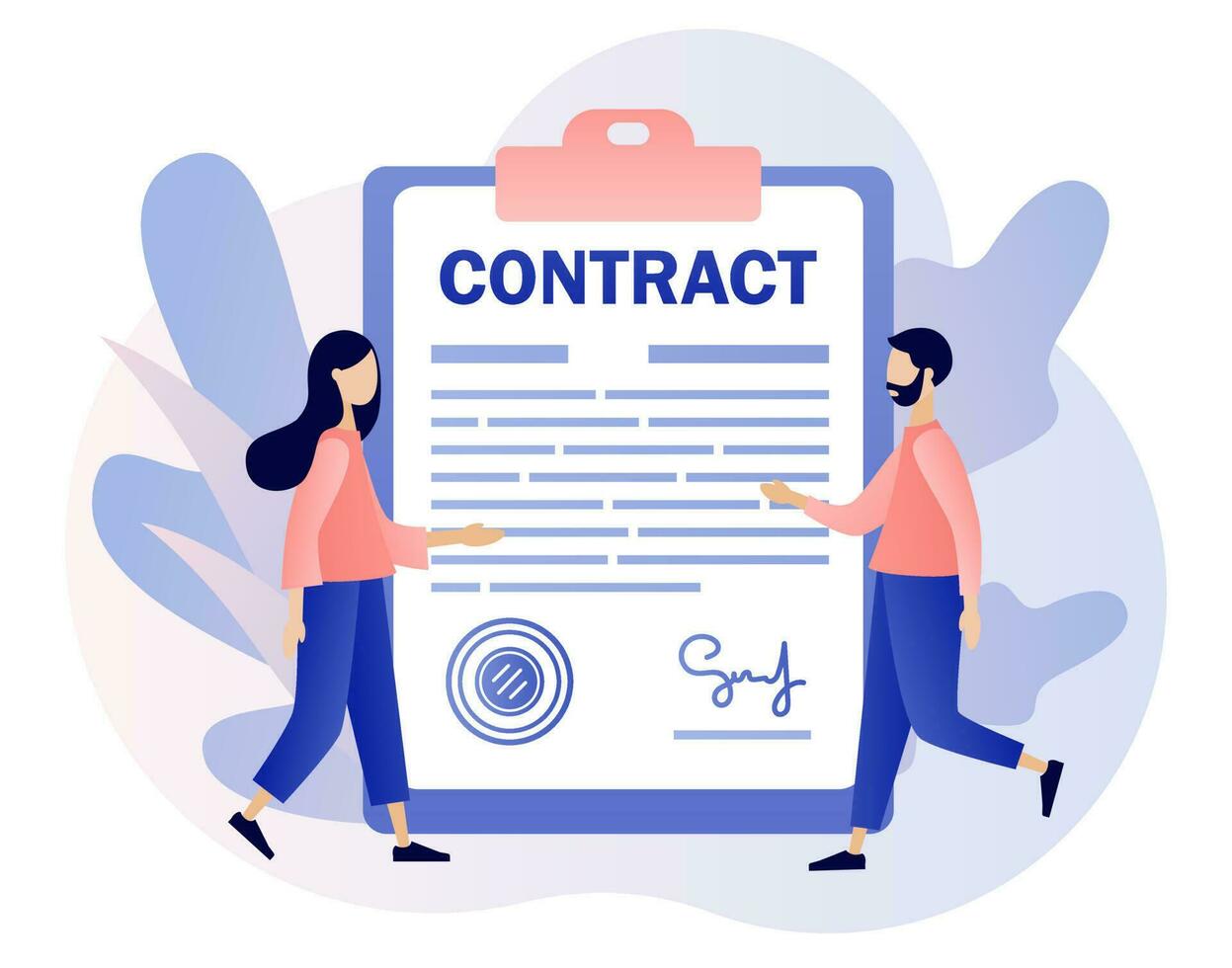 contract concept. klein bedrijf mensen ondertekening overeenkomst, wettelijk document of contract online. digitaal handtekening. modern vlak tekenfilm stijl. vector illustratie Aan wit achtergrond