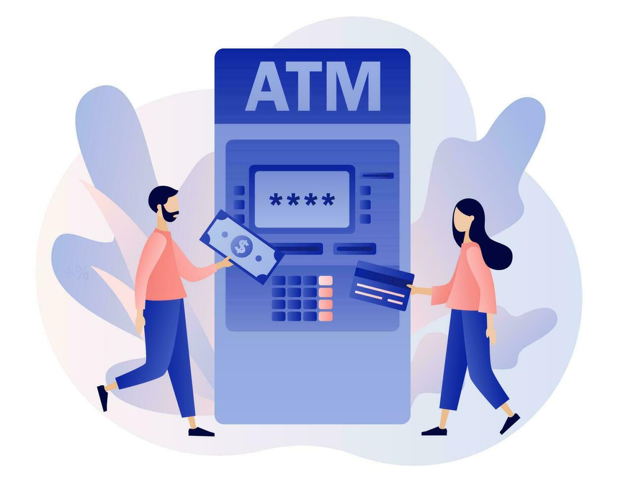 Geldautomaat concept. bank terminal. klein mensen aan het wachten in lijn in de buurt Geldautomaat machine Holding credit kaart en geld. online betaling. modern vlak tekenfilm stijl. vector illustratie Aan wit achtergrond