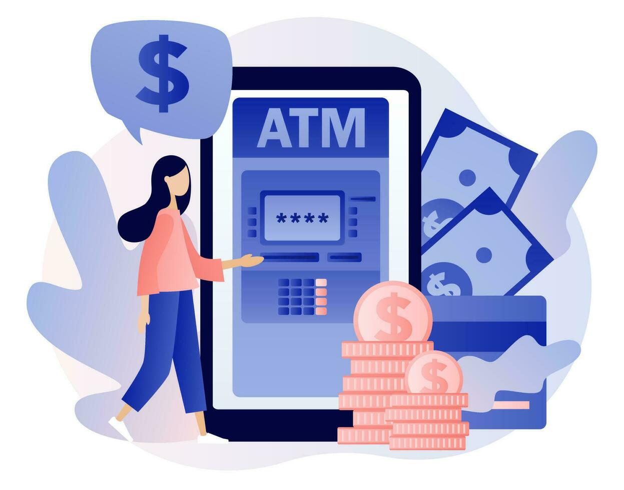 Geldautomaat in smartphone. bank terminal. klein vrouw trekt zich terug geld van credit kaart in online Geldautomaat machine. online betaling. modern vlak tekenfilm stijl. vector illustratie Aan wit achtergrond