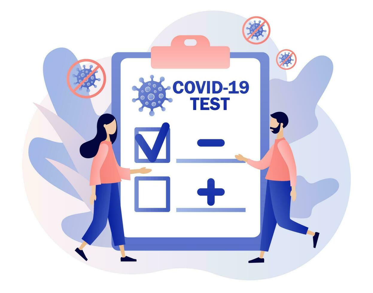 coronavirus covid-19 testen. geduldig ontvangen covid-19 snel testen. klein dokter of verpleegster aan het doen coronavirus pcr testen. positief of negatief testen resultaat. modern vlak tekenfilm stijl.vector illustratie vector