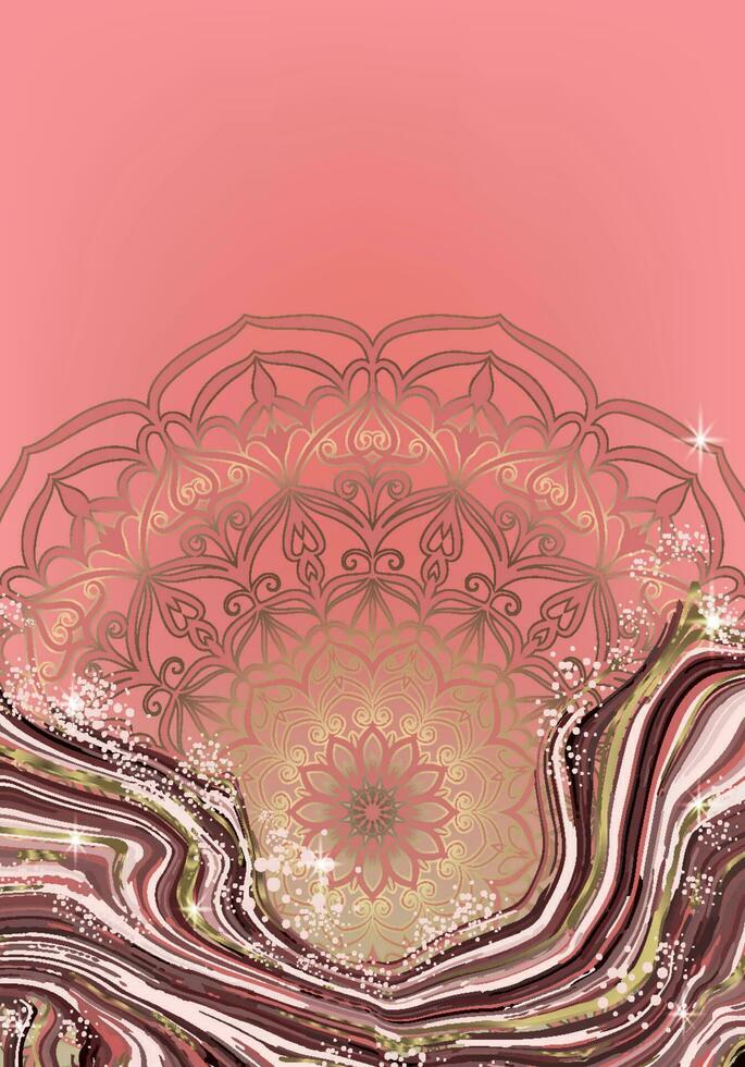 luxe achtergrond met roze marmeren met gouden scheuren en mandala. ontwerp voor omslag, uitnodiging, folder, enz. vector