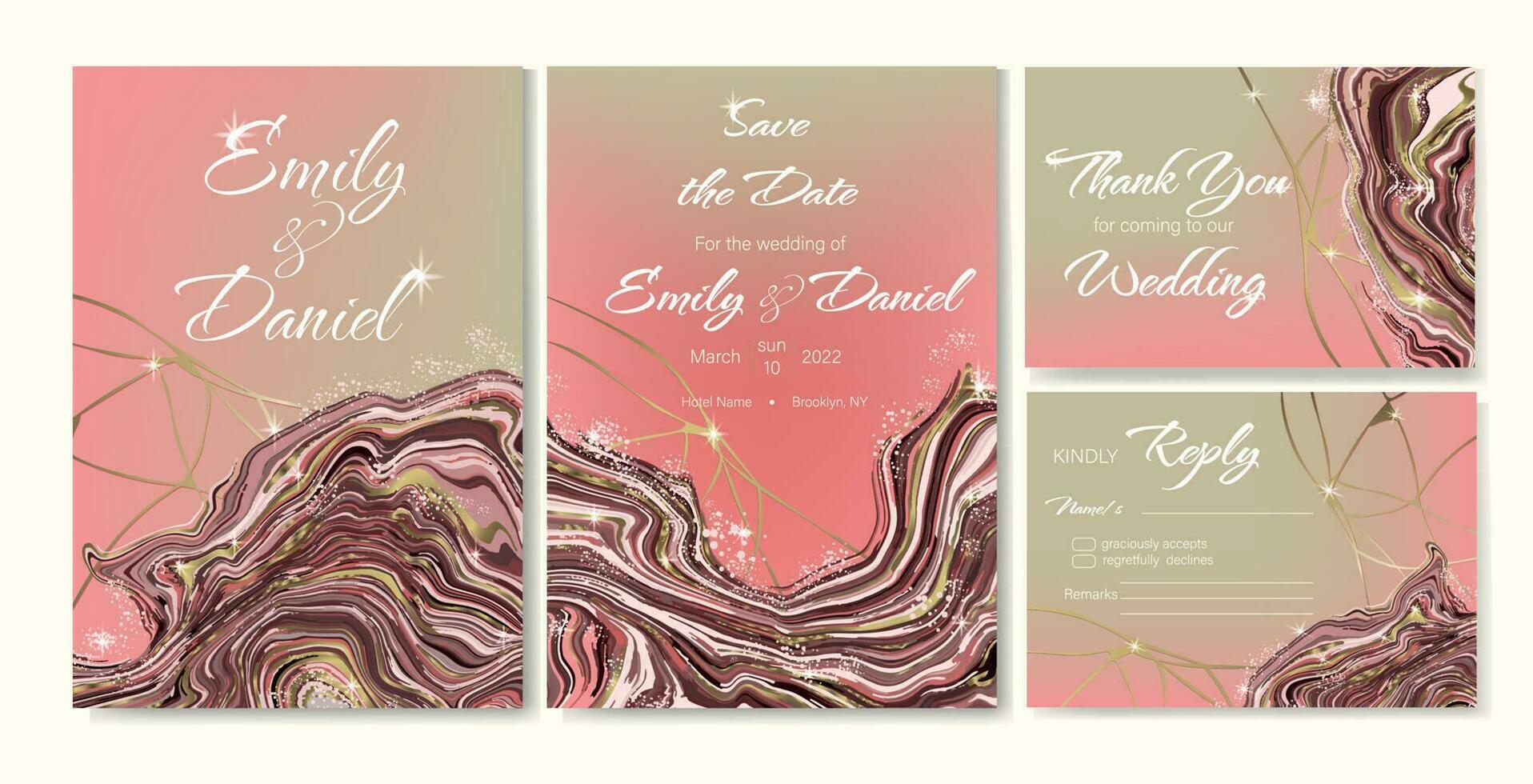 reeks van 4 luxe bruiloft kaarten met goud kintsugi ontwerp en roze marmeren met goud aderen. vector