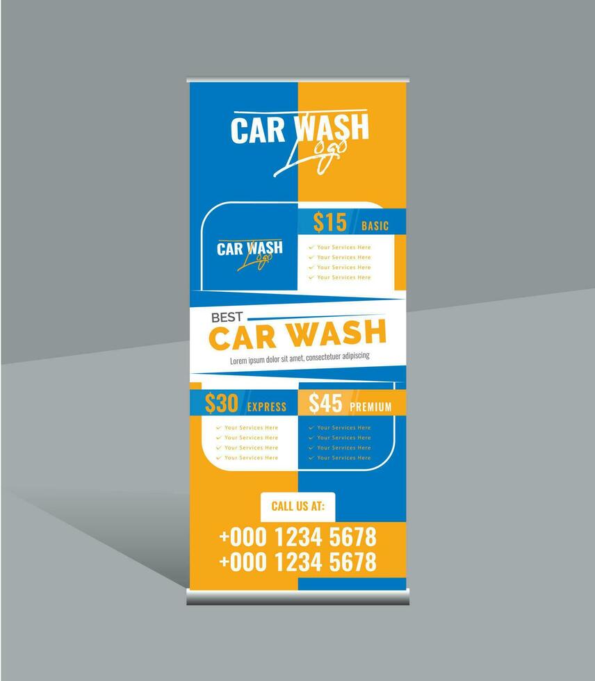 auto wassen oprollen banier sjabloon, Trekken omhoog, advertentie, Scherm banier voor auto, advertentie standee. vector