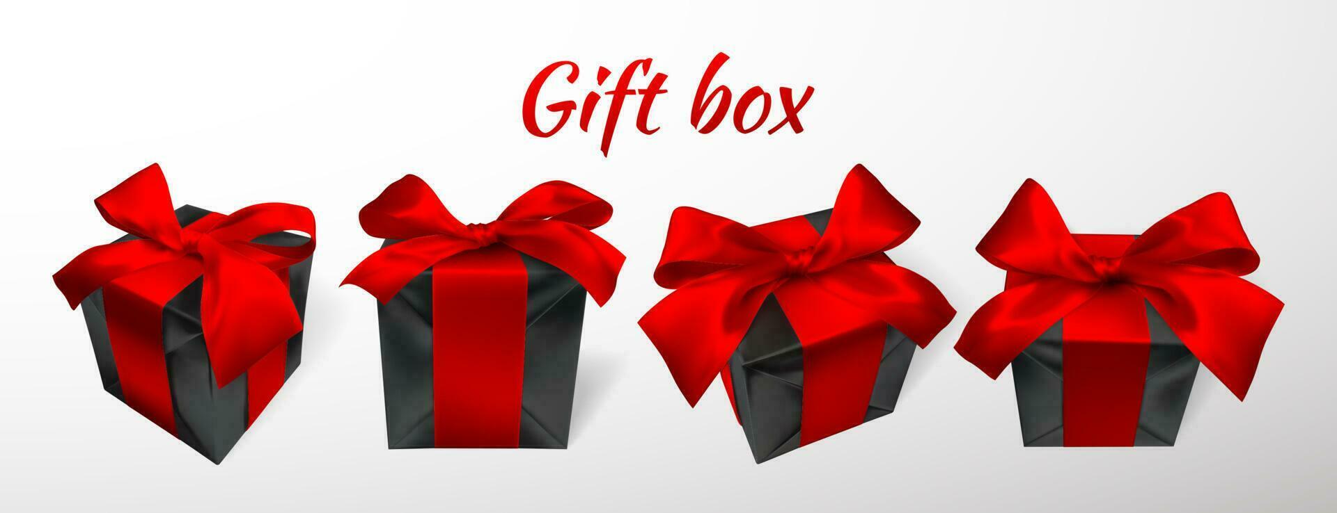realistisch zwart geschenk doos met rood boog geïsoleerd Aan licht grijs achtergrond. vector illustratie