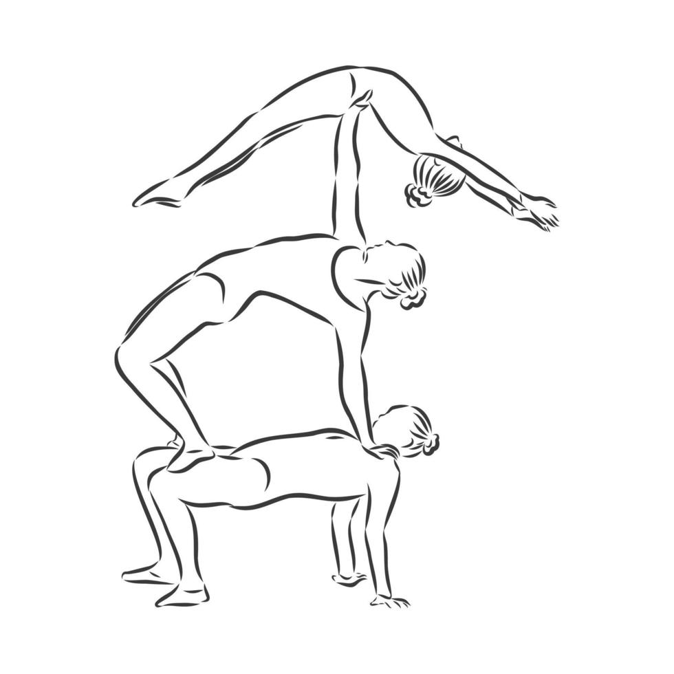 acrobatisch, balans, prestatie, samenwerkingsconcept. handgetekende acrobaten die op de schets van het scèneconcept presteren. geïsoleerde vectorillustratie, acrobatiek, schets vectorillustratie vector