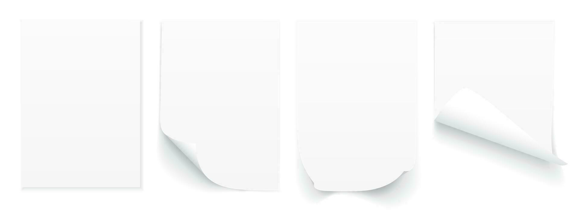 blanco a4 vel van wit papier met gekruld hoek en schaduw, sjabloon voor uw ontwerp. set. vector illustratie