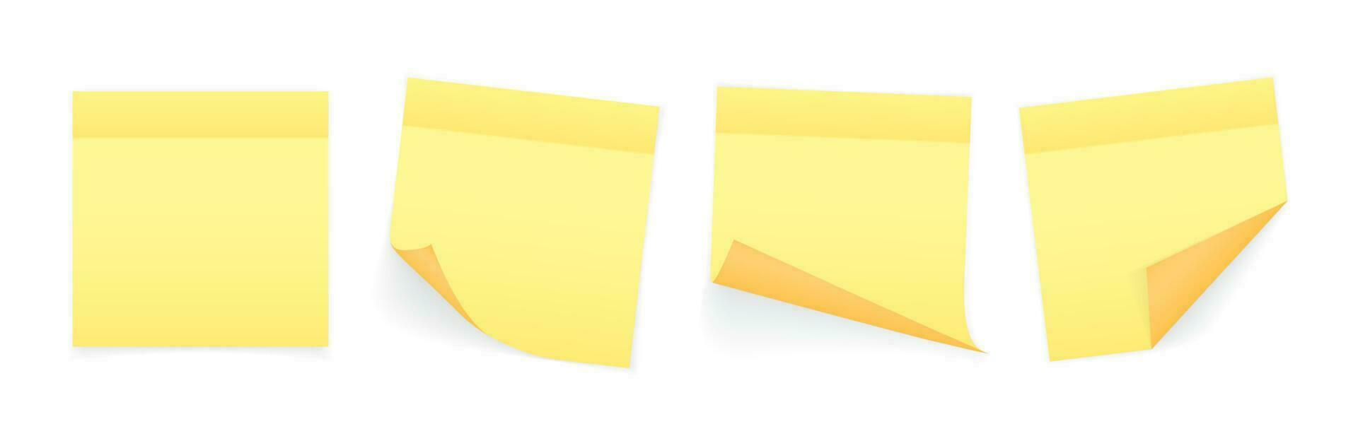 verzameling van geel gekleurde lakens van Notitie papieren met gekruld hoek en schaduw, klaar voor uw bericht. realistisch. geïsoleerd Aan wit achtergrond. set. vector illustratie