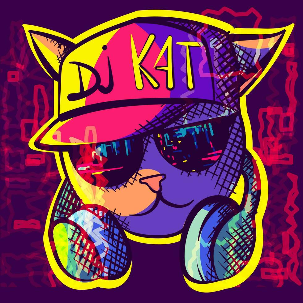 neon dj kat met een heup hop hoed, zonnebril en koptelefoon. koel en funky katachtig karakter met audio apparatuur. tekening digitaal kunst met helder kleuren. vector
