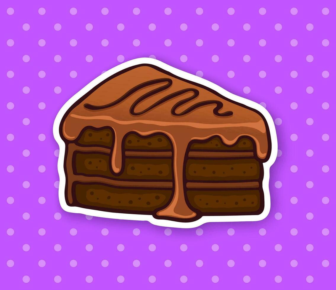 een stuk van taart met chocola glazuur room en fondantje. sticker in tekenfilm stijl met contour. vector